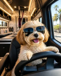 A humorous shot of a small dog sitting in the driver's seat of a luxury grooming van wearing cool sunglasses
