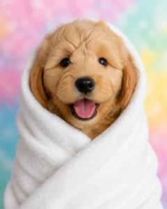 An adorable fluffy golden doodle puppy wrapped tightly in a pristine white towel