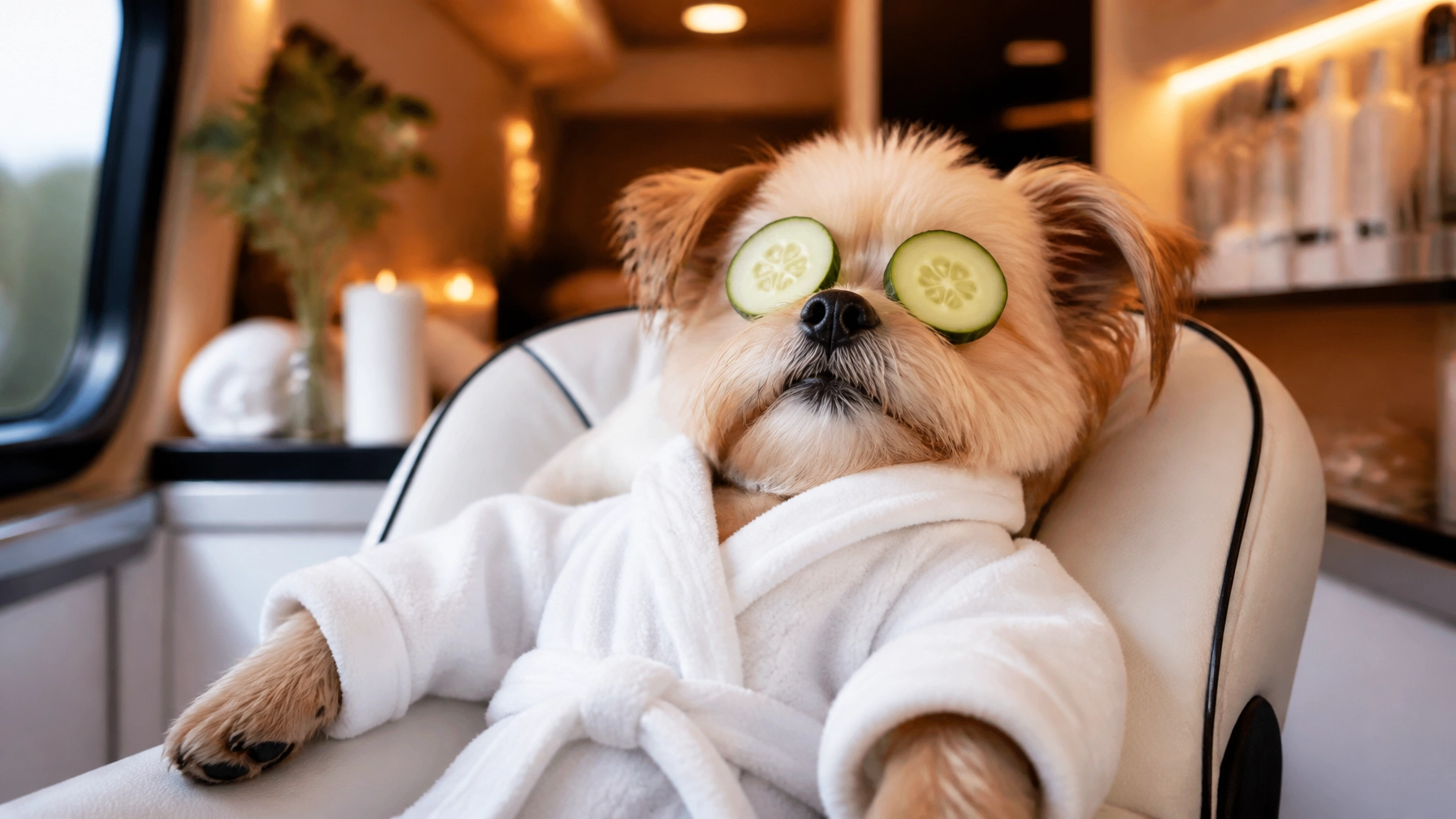 A dog in a tiny spa robe with cucumber slices on its eyes relaxing in bliss