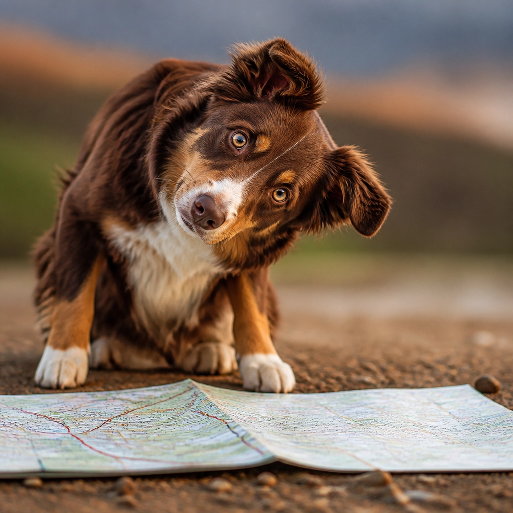 A funny photorealistic close-up of a dog looking confused at a map spread out on the ground, with a tilted head and puzzled expression.