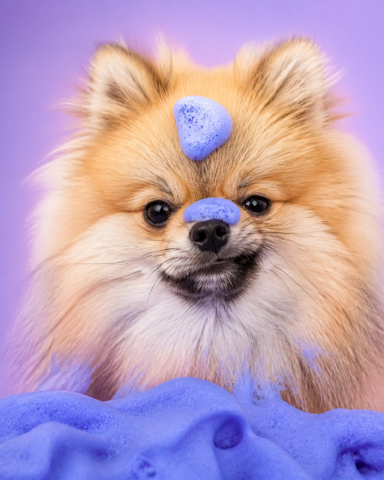 A funny close-up of a tiny Pomeranian with blueberry facial foam on its face looking confused