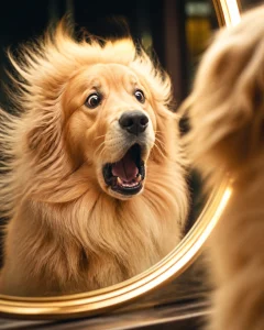 A very fluffy Golden Retriever looking into a mirror with a surprised, shocked expression after a professional blow-dry, fur looking voluminous.