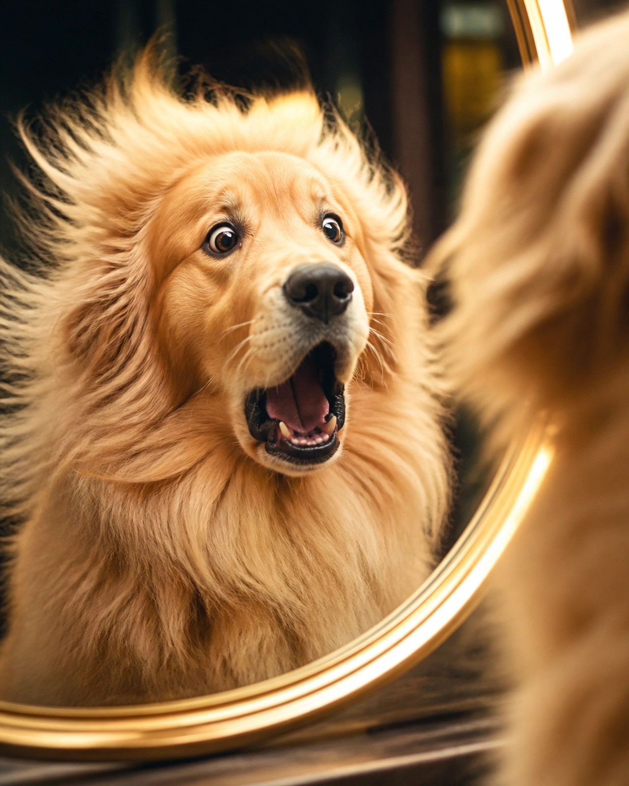 A very fluffy Golden Retriever looking into a mirror with a surprised, shocked expression after a professional blow-dry, fur looking voluminous.