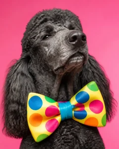A large Standard Poodle wearing a giant colorful bowtie and looking very proud