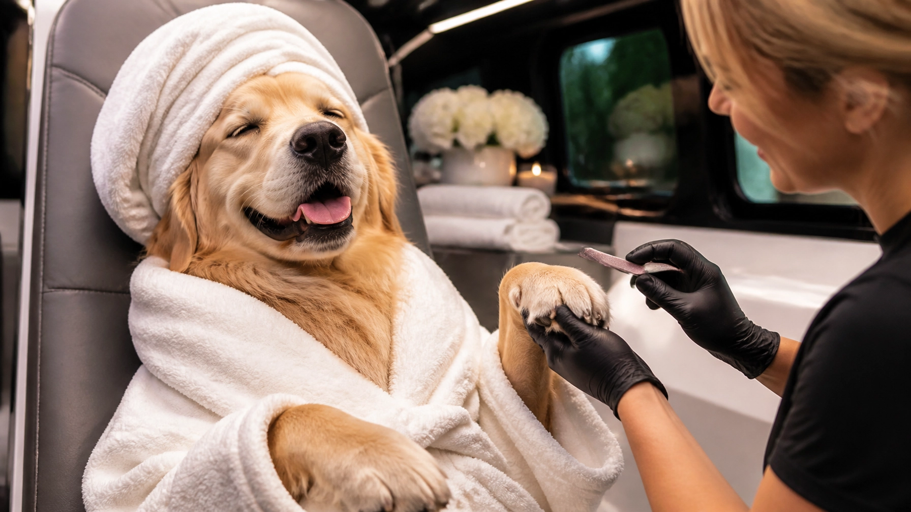 A blissful dog receiving a paw treatment with a look of pure joy