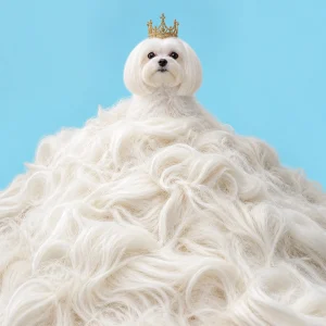 A tiny Maltese sitting on a mountain of its own fur like a king