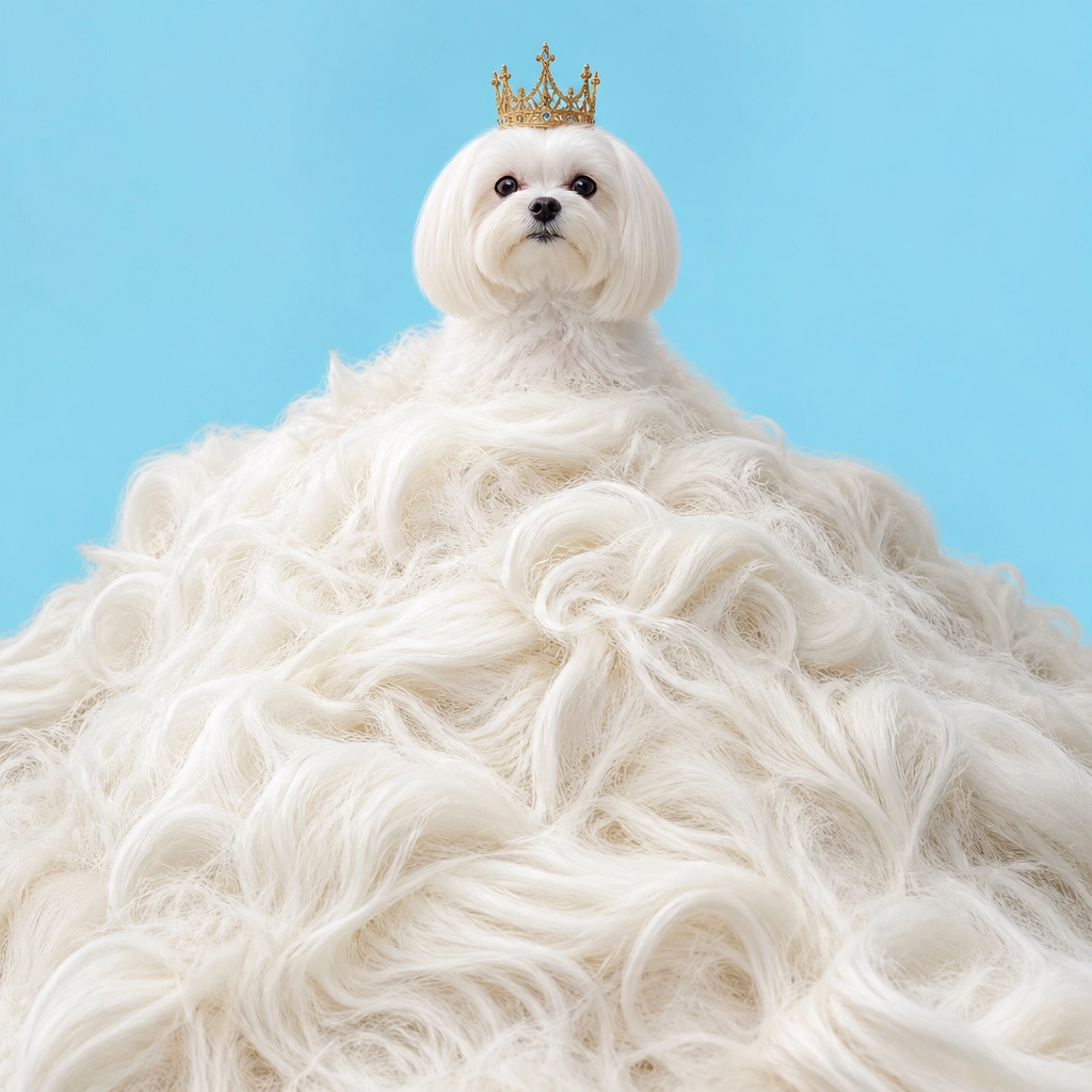 A tiny Maltese sitting on a mountain of its own fur like a king