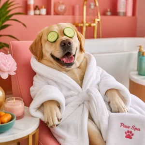 A funny and adorable Labrador Retriever wearing a fluffy white bathrobe and a cucumber slice on each eye