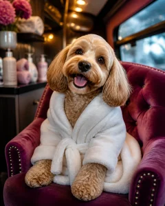 A pampered dog wearing a tiny, fluffy white luxury spa robe sitting on a plush velvet chair inside a grooming salon