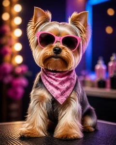A small dog wearing pink sunglasses and looking incredibly cool and pampered