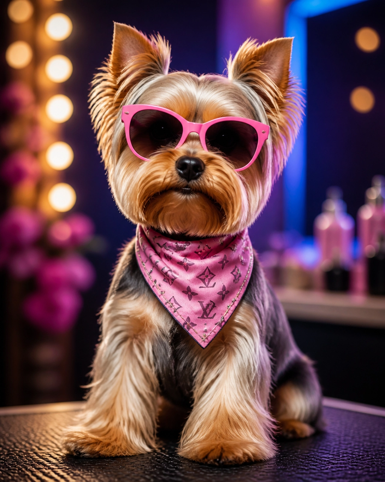 A small dog wearing pink sunglasses and looking incredibly cool and pampered
