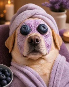A yellow Labrador receiving a blueberry facial with actual blueberries over his eyes like spa cucumbers, looking relaxed and pampered.