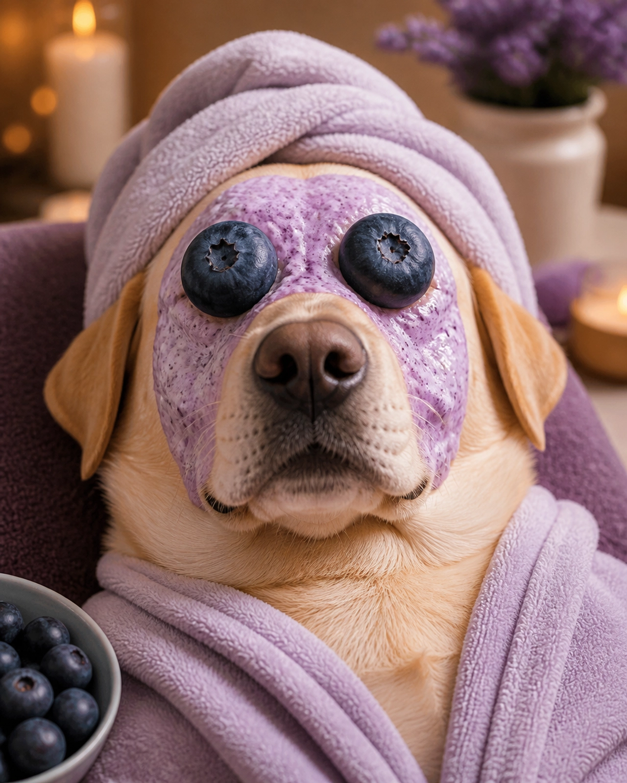 A yellow Labrador receiving a blueberry facial with actual blueberries over his eyes like spa cucumbers, looking relaxed and pampered.