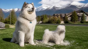 A dog sitting next to a mountain of shed fur