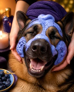 A large German Shepherd enjoying a blueberry facial