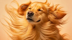 A fluffy Golden Retriever looking like a supermodel with its fur being dramatically blown back by a dryer.