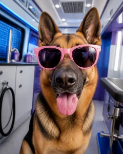 A cool German Shepherd wearing sunglasses inside a luxury grooming van