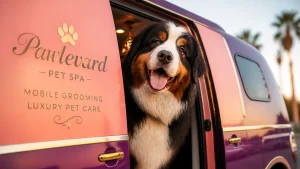 A giant, fluffy dog peeking curiously out of the sleek side door of a luxury mobile pet grooming spa with a goofy, joyful expression.