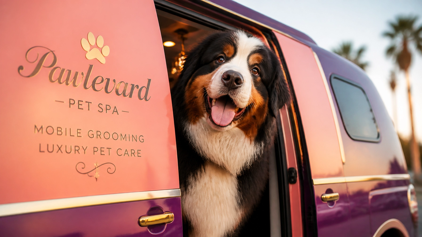 A giant, fluffy dog peeking curiously out of the sleek side door of a luxury mobile pet grooming spa with a goofy, joyful expression.