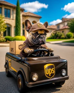 A funny French Bulldog wearing a driver cap,