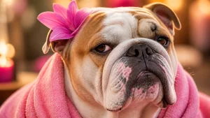 A funny Bulldog with a flower behind its ear looking judgmental but cute