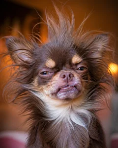 A hilarious close-up portrait of a tiny Chihuahua with wild, messy, unbraced fur making a goofy and dramatic grumpy face.