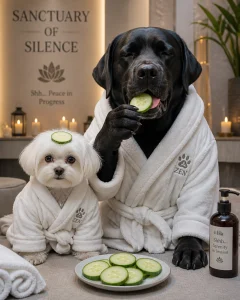 A Lab and a small dog in spa robes in a quiet grooming setting