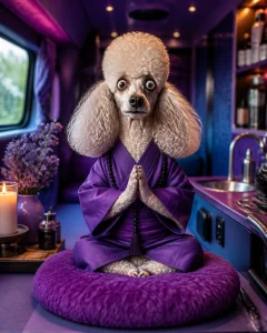 A Zen-looking Poodle meditating inside a peaceful grooming van.