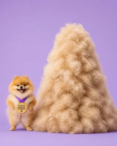 A tiny Pomeranian standing next to a mountain of its own fur