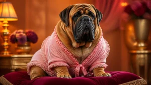 A giant Mastiff dog wearing a tiny, frilly pink bathrobe, looking posh and pampered.