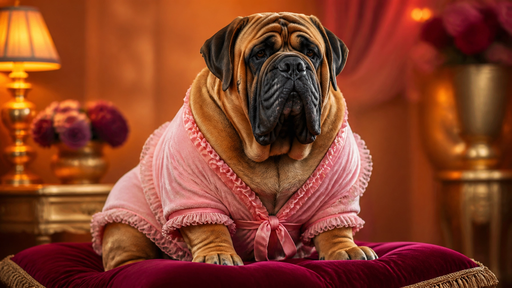 A giant Mastiff dog wearing a tiny, frilly pink bathrobe, looking posh and pampered.