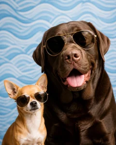 A tiny Chihuahua and a massive Chocolate Labrador sitting side-by-side wearing oversized, stylish aviator sunglasses, looking cool against a subtle blue wave pattern background.