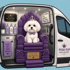 A tiny white Maltese dog sitting on a throne of purple towels looking like royalty