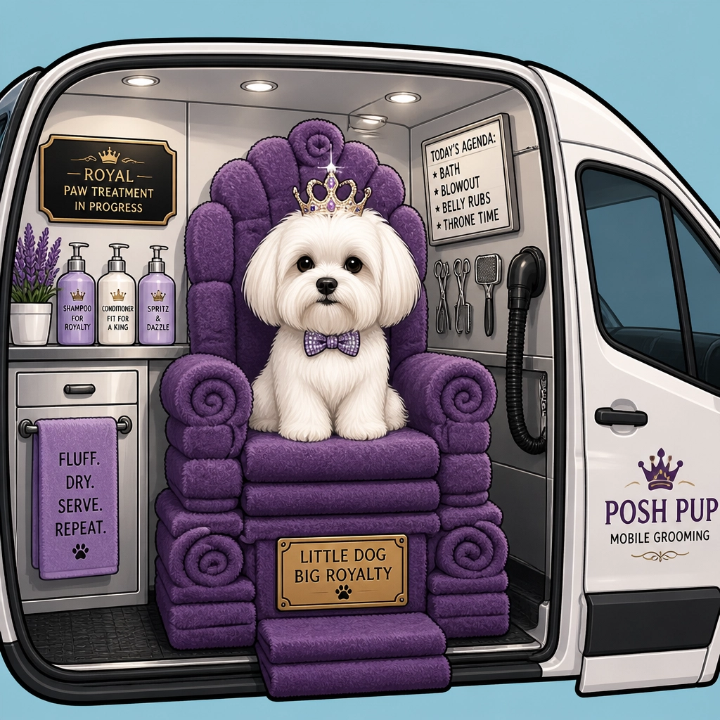 A tiny white Maltese dog sitting on a throne of purple towels looking like royalty