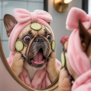 A fresh funny close-up of a dog reacting to spa treatment in front of a mirror, wearing a fluffy headband with cucumber slices and looking hilariously shocked.