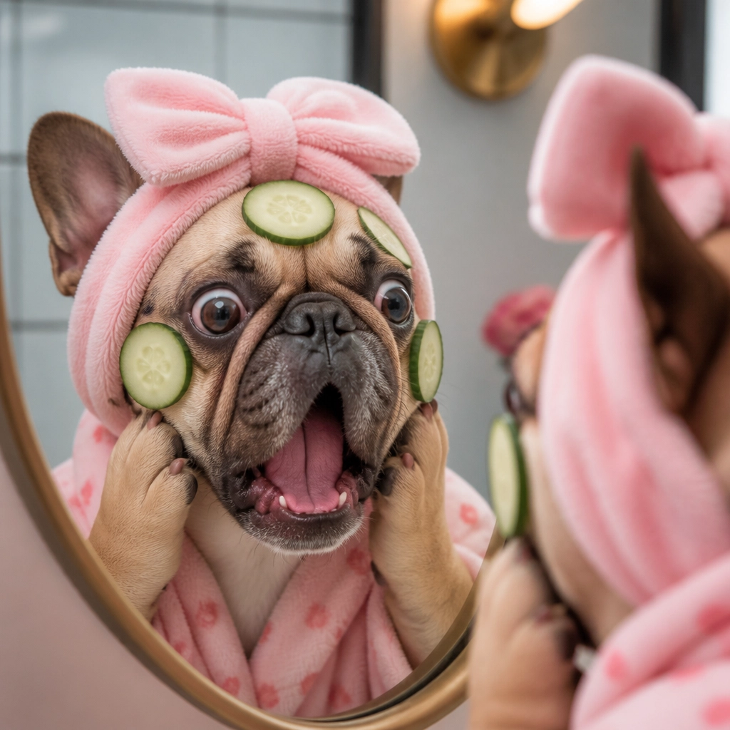 A fresh funny close-up of a dog reacting to spa treatment in front of a mirror, wearing a fluffy headband with cucumber slices and looking hilariously shocked.