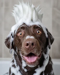 A chocolate Lab with a soap suds mohawk looking surprised and happy
