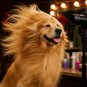 A Golden Retriever with wind-blown fur looking like a rock star
