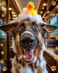 A happy German Shepherd covered in soap suds with a rubber ducky on its head.