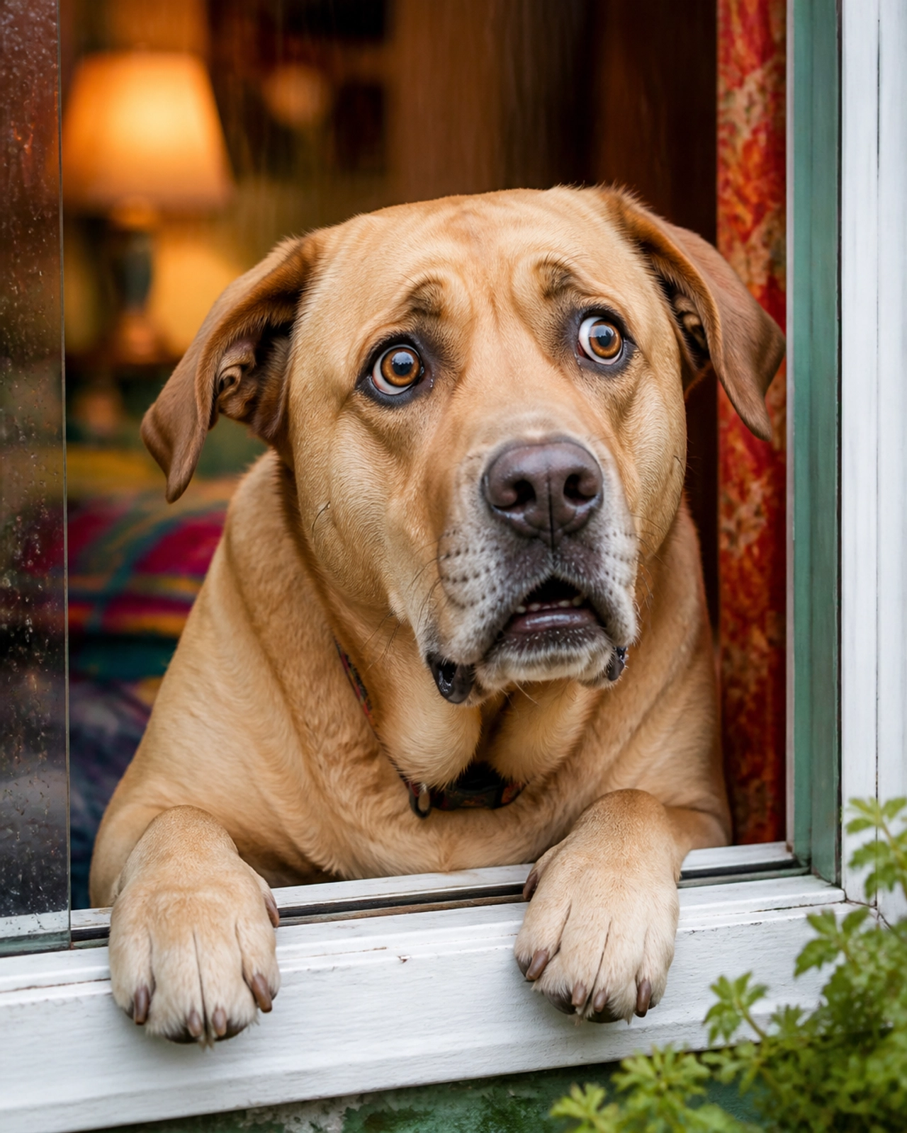 An anxious looking big Labrador mix peering out of a window with a funny worried expression