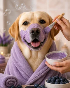 Labrador Retriever wearing a fluffy robe and enjoying a playful blueberry facial