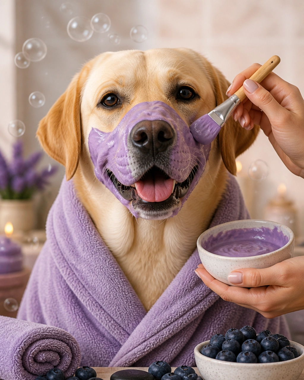 Labrador Retriever wearing a fluffy robe and enjoying a playful blueberry facial