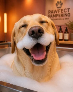 Large Labrador Retriever enjoying an oxygenated bath