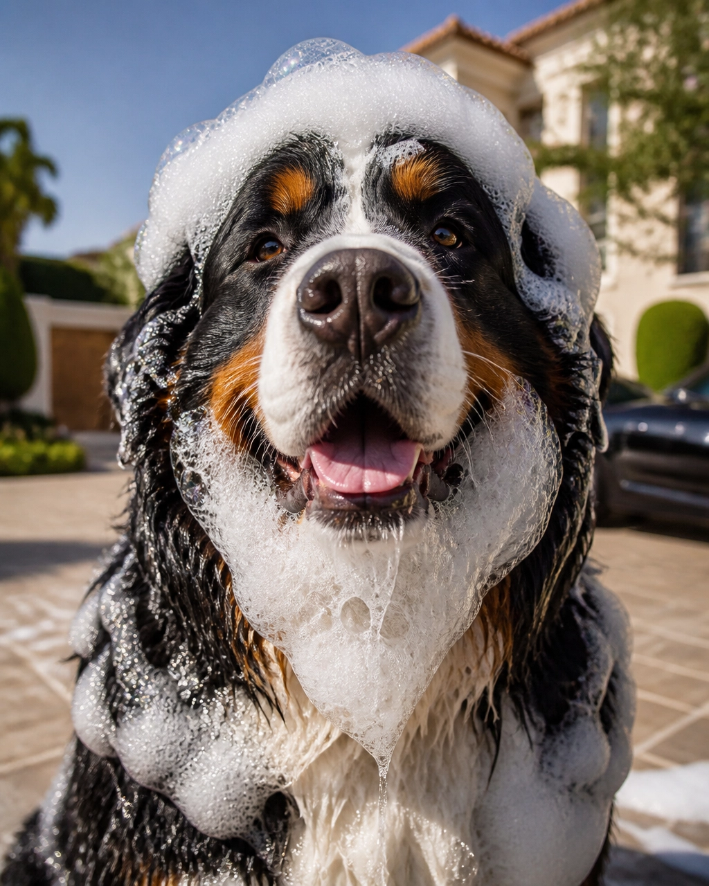 A funny and adorable close-up portrait of a giant Bernese Mountain Dog covered in luxurious soap bubbles with a bubbly beard