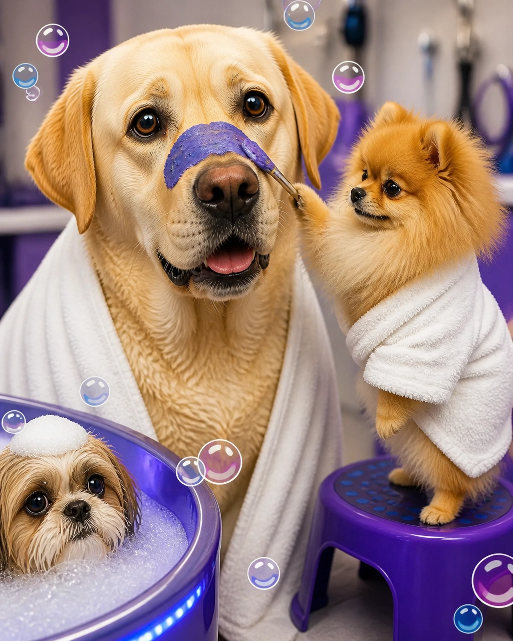 Large Labrador and tiny Pomeranian enjoying a humorous luxury spa treatment with bubbles and blueberry facial masks