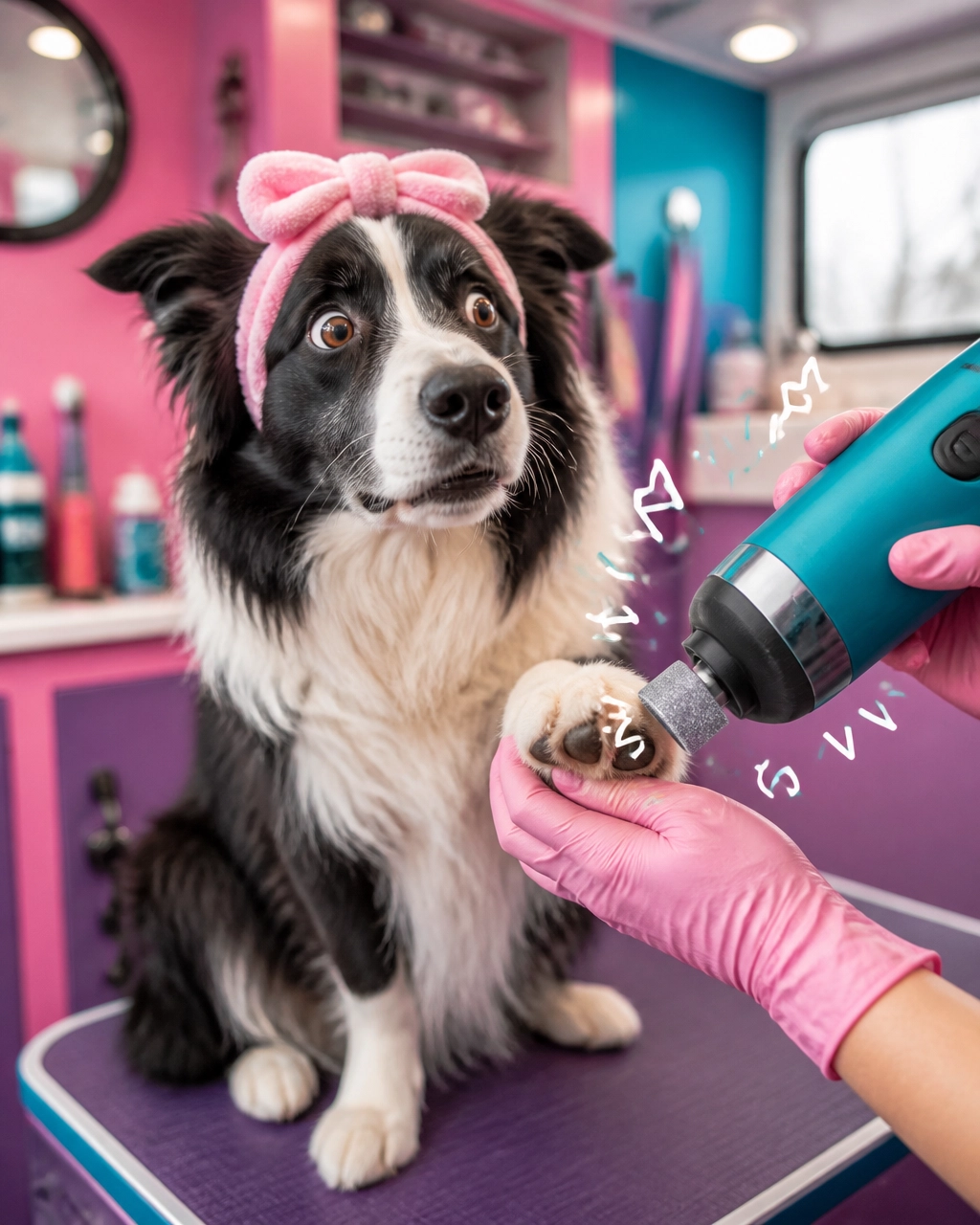 Energetic border collie reacting humorously to an oversized nail grinder during a calm grooming session, mckinney mobile dog groomer