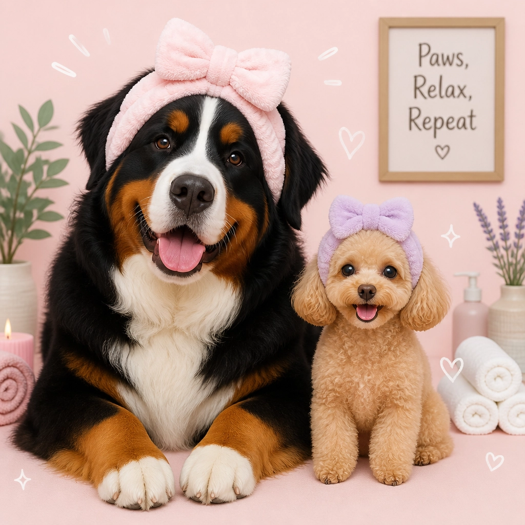 A large Bernese Mountain Dog and a tiny Poodle sitting side by side wearing fluffy spa headbands
