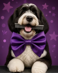 A freshly groomed oversized black-and-white dog proudly holding a comb like a trophy while wearing a huge satin bow tie
