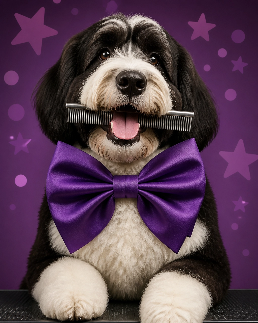 A freshly groomed oversized black-and-white dog proudly holding a comb like a trophy while wearing a huge satin bow tie