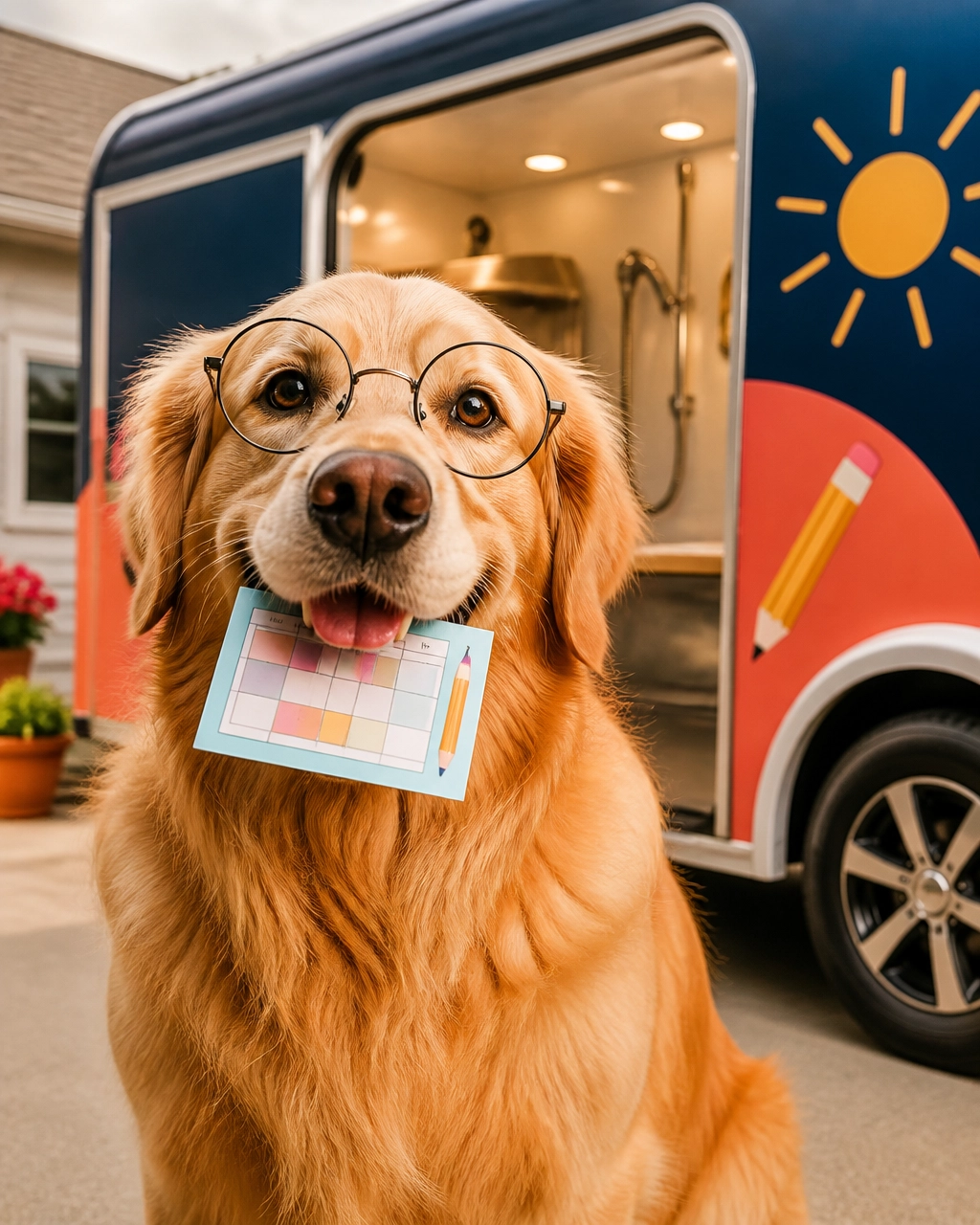 Golden retriever wearing oversized reading glasses and holding a school timetable near a mobile grooming van